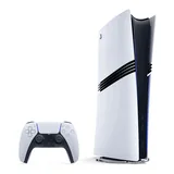 Console PlayStation 5 Pro em pé ao lado do controle sem fio DualSense, em fundo branco