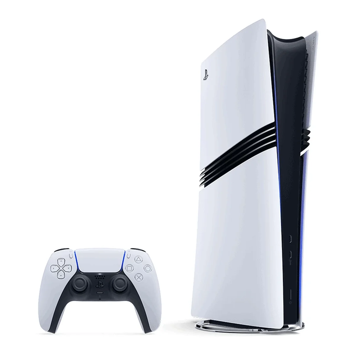 Console PlayStation 5 Pro em pé ao lado do controle sem fio DualSense, em fundo branco
